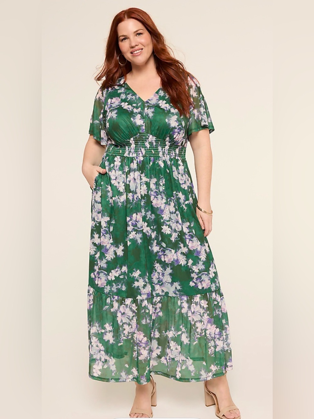 Lane Bryant SO SOFT lined MESH,  V-Neck, Smocked Waist, Tiered Maxi Dress.